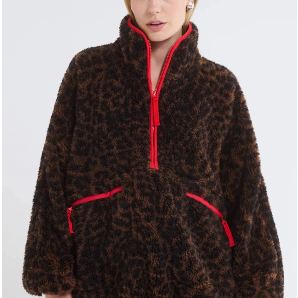 Rumored Leopard Print Teddy Jacket with Red Details